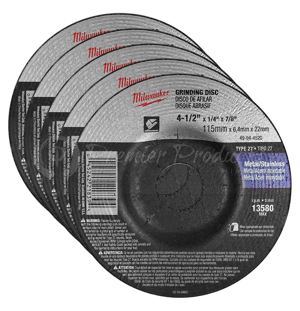 Milwaukee 5 Pack - 4.5" Grinding Wheel For Grinders On Metal & Stainless Steel