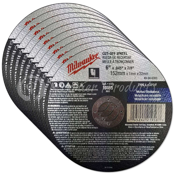 Milwaukee 10 Pack - 6 Inch Cut Off Wheels For Grinders On Metal & Stainless Steel