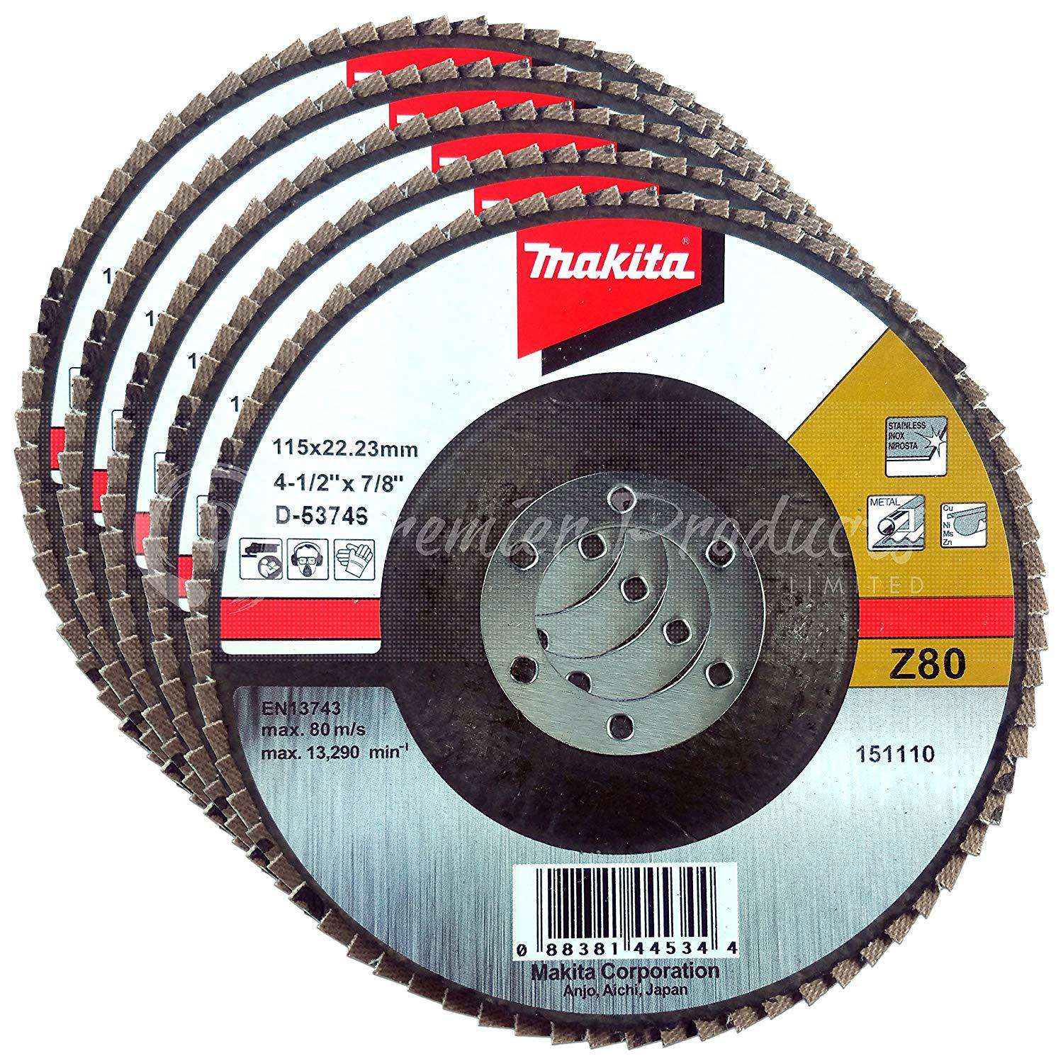 Makita 5 Pack - 80 Grit Flap Disc For Grinders On Metal, Stainless Steel & Non-Ferrous