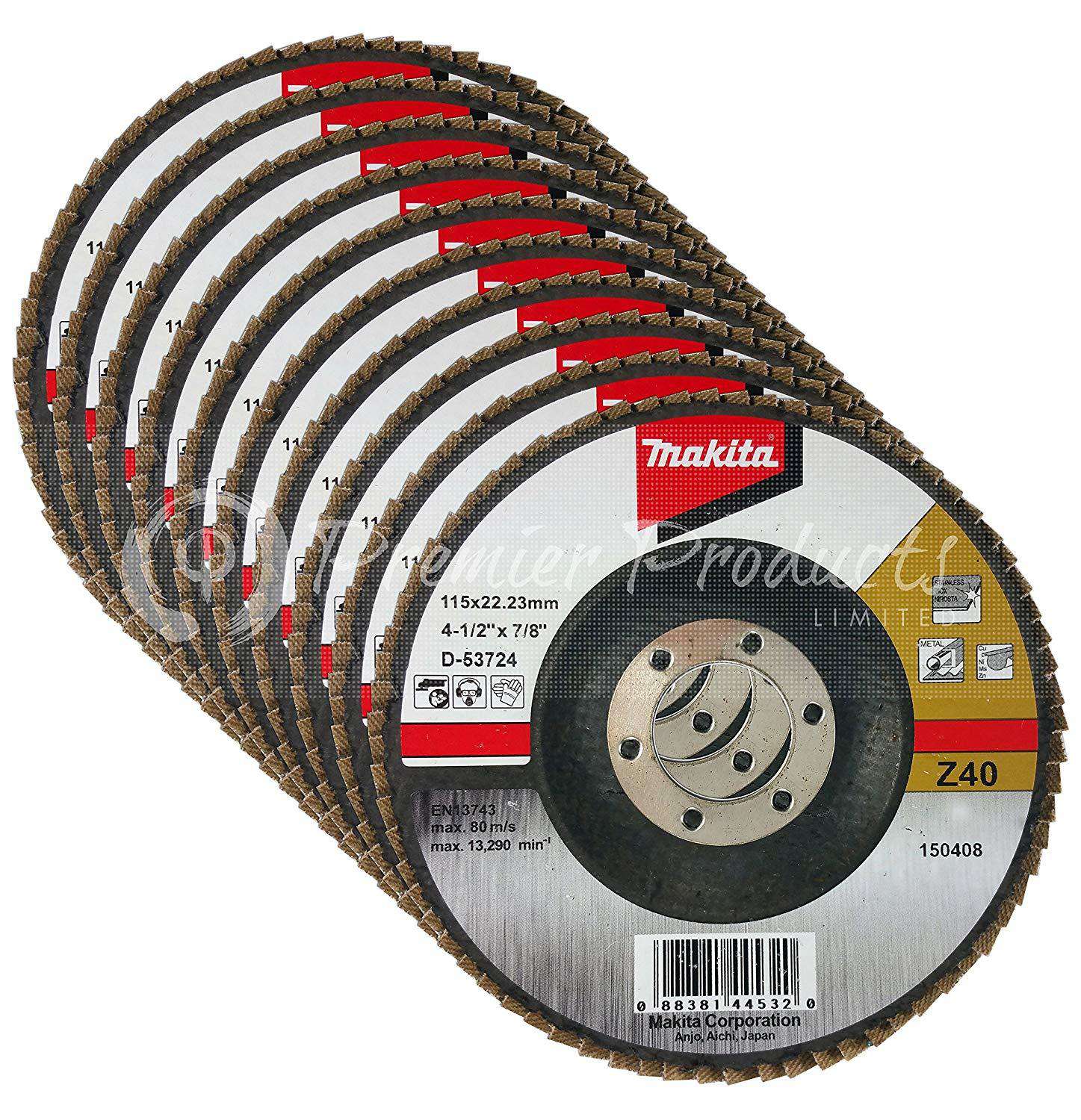 Makita 10 Pack - 40 Grit Flap Disc For Grinders On Metal, Stainless Steel & Non-Ferrous