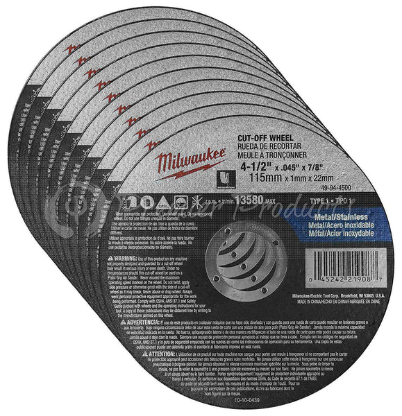 Milwaukee 10 Pack - 4.5" Cut Off Wheels For Grinders On Metal & Stainless Steel