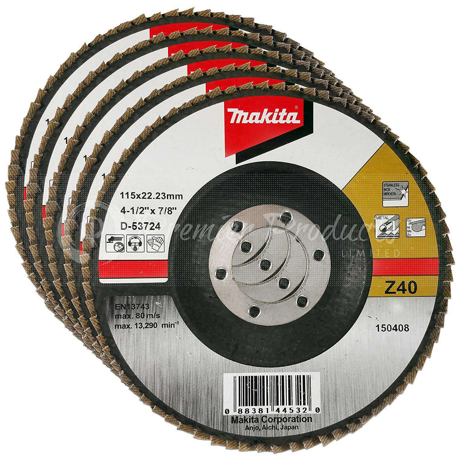 Makita 5 Pack - 40 Grit Flap Disc For Grinders On Metal, Stainless Steel & Non-Ferrous