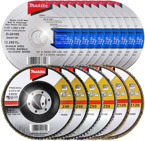 Makita 16 Piece - 4.5" Cut Off Wheel & Multi Grit Flap Disc Set For Grinders