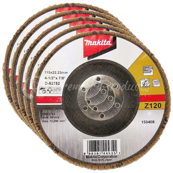 Makita 5 Pack - 120 Grit Flap Disc For Grinders On Metal, Stainless Steel & Non-Ferrous