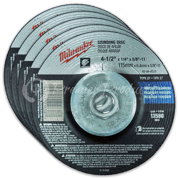 Milwaukee 5 Pack - 4.5" Hubbed Grinding Wheel For Grinders On Metal & Stainless Steel